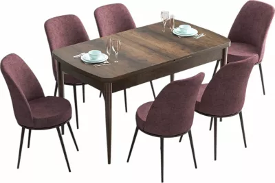 Tavolinë me karrige për ngrënie, e zgjatshme, 7 copë, ngjyrë Barok, Dusty Rose, Skye Decor