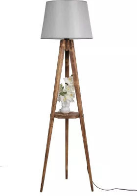 Llambë dyshemeje Opviq, tripod me raft, abazhuri gri, trup druri