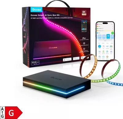 Sync box Govee Smart AI Sync Box Kit 2 për TV 55-65", HDMI 2.1 (8K/60Hz, 4K/144Hz), kit me shirit LED, e zezë