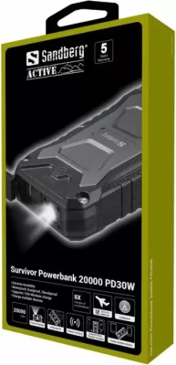 Powerbank SANDBERG Survivor 420-92 20000mAh PD 30W me karikim pa kabllo Qi, e zezë, set me rrip & kabllo USB-C
