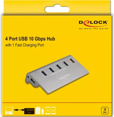 USB hub DeLOCK 4 porte USB 10 Gbps + port karikimi i shpejtë, gri