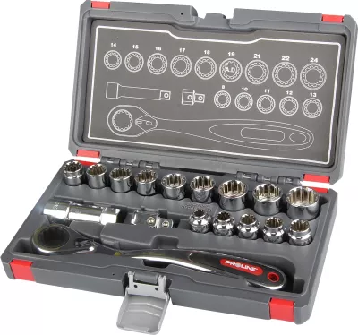 Set çelësa soket PROLINE 58717, ratchet 72-dhëmbësh, çelik krom-vanadium, 17 copë