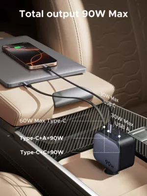 Karikues veture UGREEN Nexode 55909B 90W me kabllo USB-C të integruar retraktabile, Space Gray