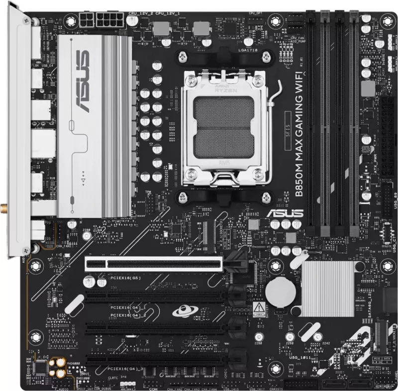 Pllakë amë ASUS B850M MAX GAMING WIFI, AM5, mATX, DDR5 4xDIMM, 3xM.2, 4xSATA, PCIe 5.0, Wi‑Fi 6, Bluetooth 5.4