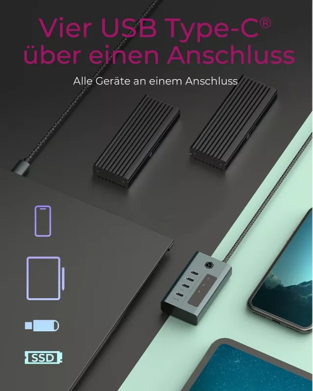 Hub USB ICY BOX IB-HUB1454-C31, USB 3.2 Gen 1/2, Type-C, 10000 Mbit/s, Blu, Gri, Alumini, 20 W