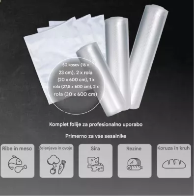 Set qese vakumi dhe role folie CASO Complete Foil 5 1237, 50x 16×23 cm + 5 role (2x 20×600 cm, 1x 28×600 cm, 2x 30×600 cm), BPA-free, transparent