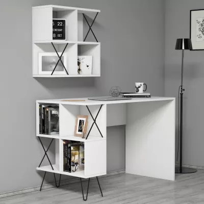 Tavolinë studimi moderne, e bardhë/zezë, Skye Decor, Extra 2, me rafte muri