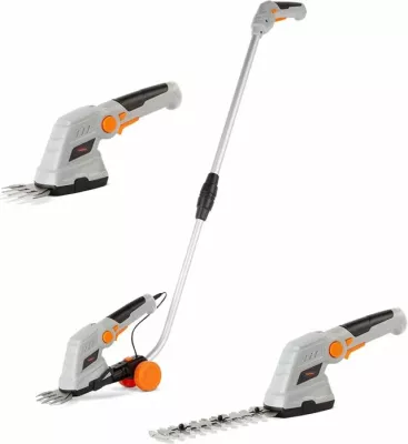 Gërshërë pa kabllo për gardh dhe bar VONHAUS 2500257 2-në-1, teh 170 mm + 90 mm, dorezë teleskopike 85–113 cm, gri/portokalli