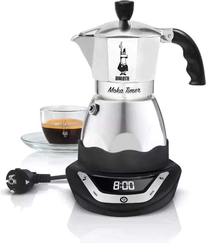 Moka elektrike Bialetti Moka Timer, 3 filxhanë, alumini, LED, e zezë/argjendtë