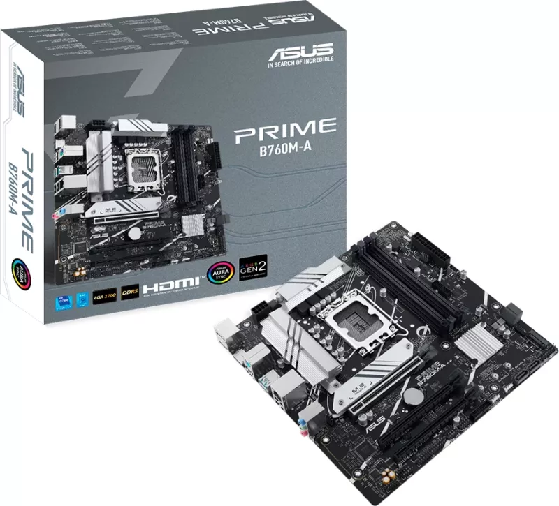 Pllakë amë ASUS PRIME B760M-A-CSM, LGA1700, mATX, DDR5 (4xDIMM), 2x M.2, 4x SATA, PCIe 4.0, 2.5Gb LAN, DisplayPort, 2x HDMI, Aura Sync