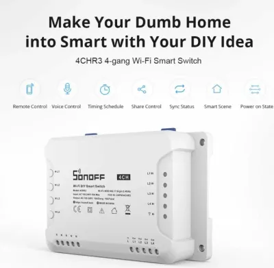 Switch smart Wi‑Fi SONOFF 4CHR3, 4‑kanal, 10A, 3500W, 2.4GHz, i bardhë