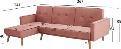 Divan qoshe i kthyeshëm TALIA FH3153.02 kadife në ngjyrë rozë e pluhurosur 267x153x85 cm