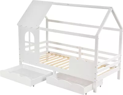 Krevat fëmijësh Montessori me 2 sirtarë DOMER FH710.03, dru pishe, ngjyrë e bardhë, dyshek 90x190cm