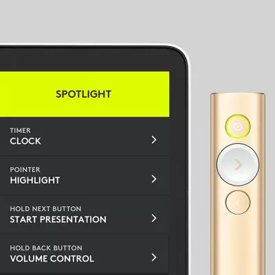 Telekomandë prezantimi Logitech Spotlight 910-004862, rreze 30 m, Bluetooth/USB receiver, karikim USB-C, me kasë, gold