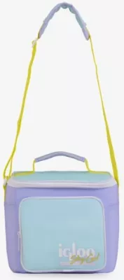 çantë termike IGLOO Soft Retro Square Lunch, kapacitet 9 kanaçe, 22.23×15.24×21.59 cm, pastel vjollcë/bojëqielli me rrip të verdhë