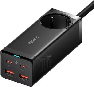 Kasë karikues Baseus GaN3 Pro, 100W, 2x USB-C + 2x USB, prizë AC, e zezë