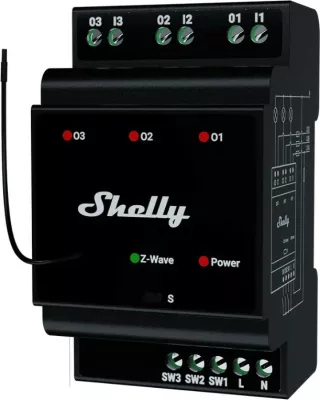 Relé i mençur Shelly Wave Hutschiene Pro 3, 3x16A, Z-Wave, e zezë