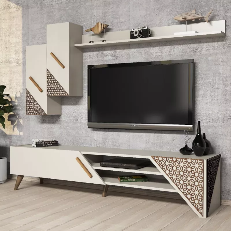 Mobilje TV kombo FH9514.03 melamin ngjyrë krem 180x37x40Hcm