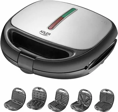 Toaster multifunksional Adler AD3040 5-në-1 1200W, set me 5 pllaka, argjendtë/zi