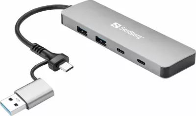 Hub USB SANDBERG 136-64, USB-C/USB-A në 2x USB-A 3.0 + 2x USB-C, 5 Gbit/s, kabllo 15 cm, alumin, argjendtë