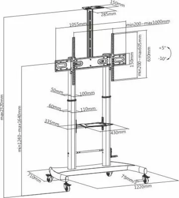 Mbajtëse TV mobile Techly ICA-TR36 60\"-100\", rregullim lartësie, VESA deri 1000x600, e zezë
