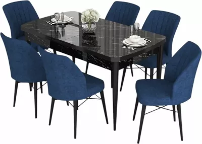Tavolinë me karrige për ngrënie, e zgjatshme, 7 copë, ngjyrë mermeri të zi, karrige blu të errët, Skye Decor, Eva