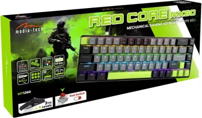 Tastierë mekanike Media tech RED CORE MX60 MT1260, 60%, me ndriçim shumëngjyrësh, e gjelbër