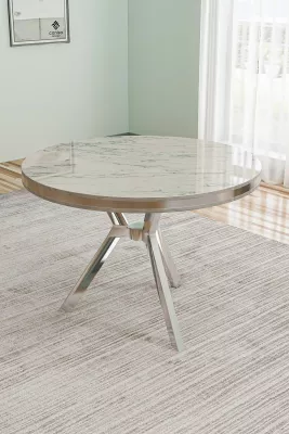 Tavolinë ngrënie Hanah Home, ngjyrë mermeri të bardhë, krom