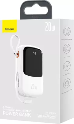 Powerbank Baseus Qpow PRO, 20000mAh, 20W, me kabllo Lightning, USB-C dhe USB, Bardhë