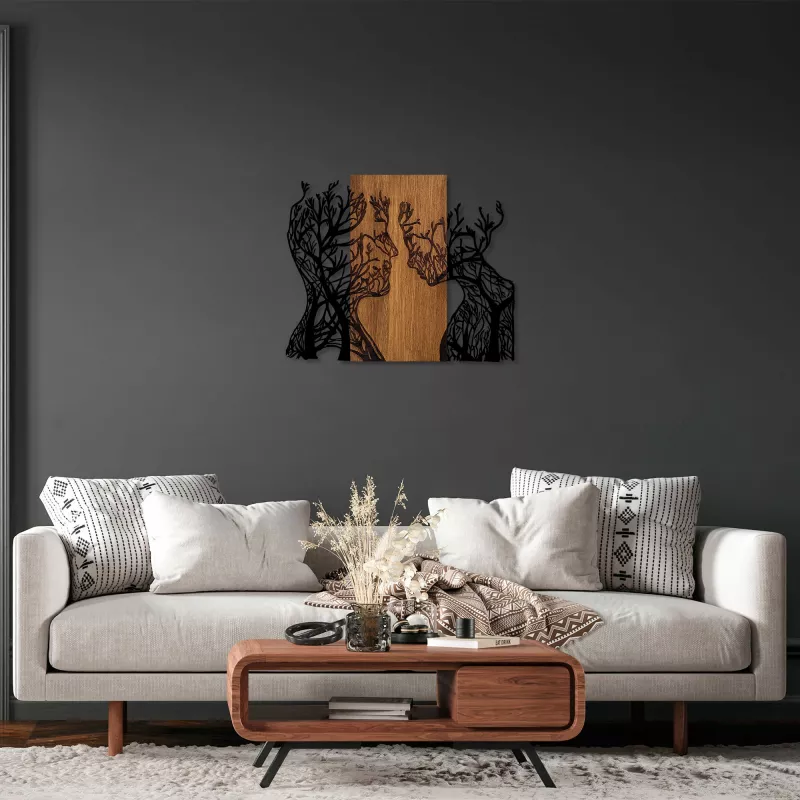 Aksesor dekorativ për mur, dru dhe metal, grua dhe burrë, ngjyrë arre dhe e zezë, 58x70cm