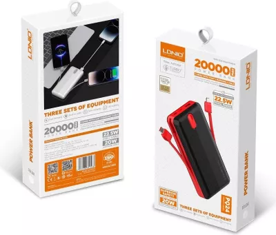 Power bank LDNIO PQ24 20000mAh 22.5W me 1x USB-A + kabllo të integruara USB-C/Lightning (1C1L), bardhë