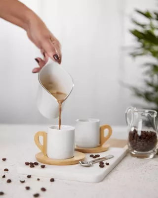 Set filxhanësh espresso Nordic, 6 copë, porcelan i bardhë, bambu natyral, 29x21x7cm