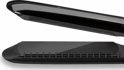 Piastrë flokësh BaByliss ST397E, pllaka të gjera 35 mm, 235°C, jonizim, 6 nivele temperature, e zezë, set me krehër të heqshëm dhe mbështetëse termike