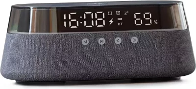 Altoparlant Bluetooth Moye Hemera 15W, orë alarmi me FM radio, dritë nate RGB, karikim pa kabllo Qi 5-15W, bateri 1800mAh, USB-C, zi/gri