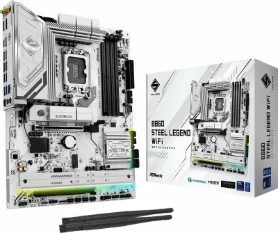 Pllakë amë ASRock B860 Steel Legend WiFi, ATX, DDR5 deri 256GB, Wi‑Fi 7, Bluetooth, 2.5GbE, e bardhë/argjendtë, set me 2 antena WiFi + 2 kabllo SATA