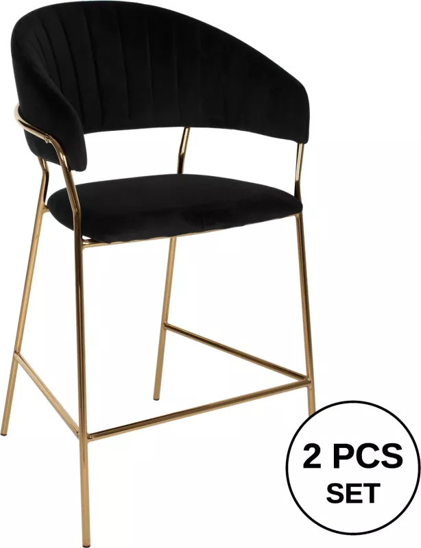 Karrige për bar THEODORE, FH8734.04, kadife e zezë, kornizë metali e artë, 60x55x100H cm., set prej 2 copë