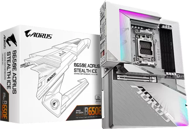 Pllakë amë GIGABYTE B650E AORUS STEALTH ICE, AM5, ATX, DDR5, Wi‑Fi 7, 2.5GbE, e bardhë