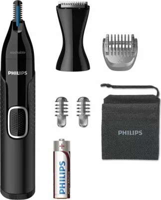 Trymer hunde Philips Nosetrimmer Series 5000 NT5650/16, krehër 3/5 mm, i larshëm, bateri AA, i zi, set me aksesorë