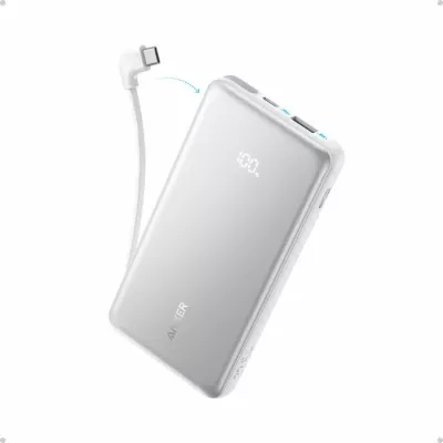 Powerbank Anker Zolo A110D 10000 mAh 22.5W me kabllo USB-C të integrume, bardhë