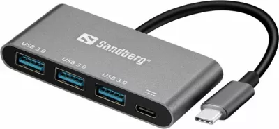 Hub USB-C SANDBERG 136-03, 3x USB 3.0 + USB-C PD deri 100W, gri alumin