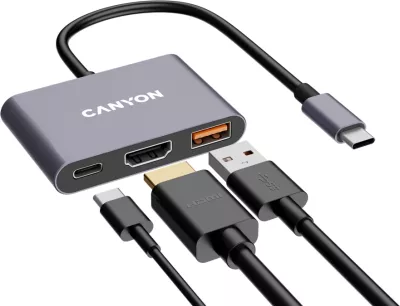 Hub USB-C CANYON DS-4 3n1 me HDMI, USB 3.2 Gen 2 dhe Power Delivery 100W, gri