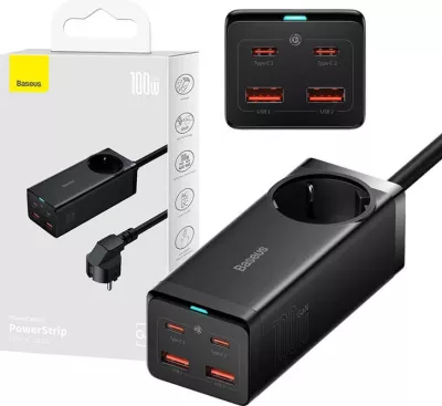 Kasë karikues Baseus GaN3 Pro, 100W, 2x USB-C + 2x USB, prizë AC, e zezë