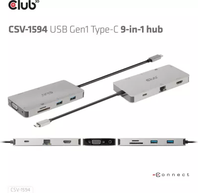 HUB USB-C Club3D 9in1, HDMI VGA 2xUSB RJ45 SD, 100W, zi/gri