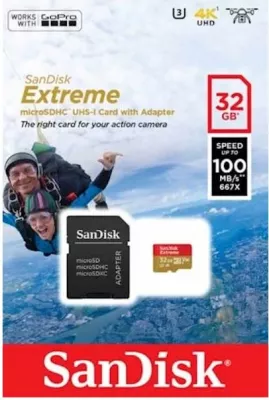Kartelë memorie SanDisk Extreme microSDHC 32GB, 100MB/s, A1/C10/V30, UHS-I U3, me adapter SD, e kuqe/artë