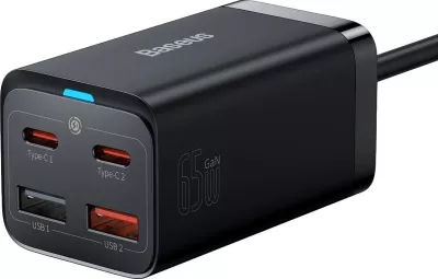Karikues Baseus GaN3 Pro CCDK65E 65W 2x USB-C 2x USB-A me kabllo USB-C në USB-C 1m, i zi (CCGP040101)