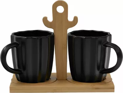 Set filxhanësh espresso Cactus, porcelan i zi, bambu natyral, 2 copë, 20x12x17cm