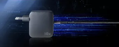 Karikues GaN INTENSO 7814010 140W 3xUSB-C + 1xUSB-A, kabllo USB-C në USB-C 2m 5A e përfshirë, e zezë (set)