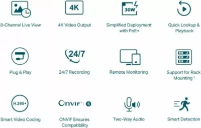 Regjistrues video rrjeti (NVR) TP-LINK VIGI NVR1008H-8P, 8-kanal, PoE+, 4K HDMI, deri 10TB, i zi