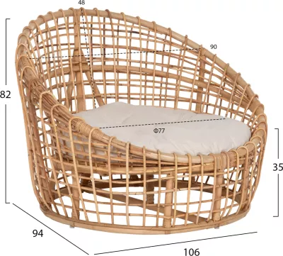 Karrige regjisore ENTO FH9814 rattan, ngjyrë natyrale, jastëk i bardhë, 106x94x82H cm