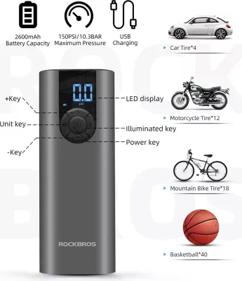 Pompë elektrike për biçikletë Rockbros 42720001001 me ekran LED, 5200 mAh, USB-C, e zezë, set me adapterë